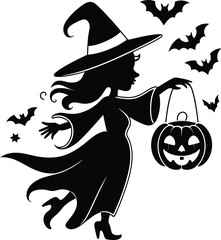 Charming halloween witch silhouette in a flowing dress and pointed hat carrying a jack o lantern with flying bats silhouette