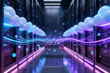 Cloud computing servers in secure datacenter, representing data storage, virtualization, global access, cybersecurity, wireless connectivity, network management advanced infrastructure digital process