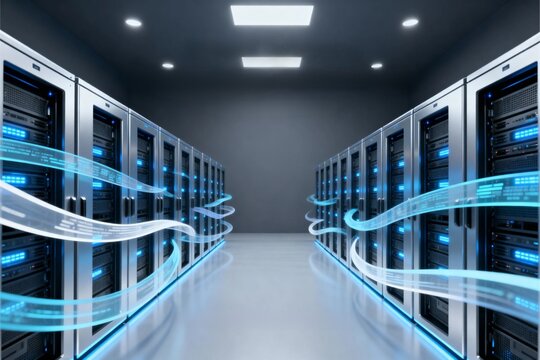 Futuristic cloud computing servers inside advanced datacenter, symbolizing global network, virtualization, data security, high-speed connectivity, backup recovery, innovation in modern digital tech - Powered by Adobe