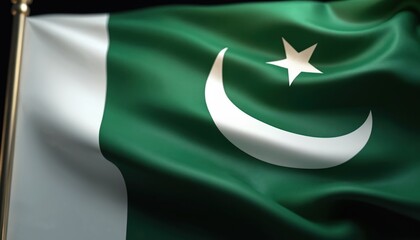 Pakistani national flag waves proudly. Green banner with white crescent, star flows. Fabric symbol represents nation identity, patriotism, freedom, celebration of country. Evokes national spirit for