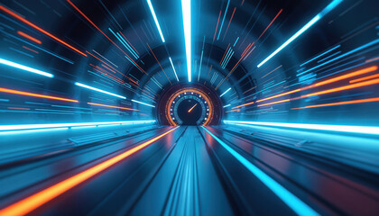 Abstract tunnel with glowing neon blue and orange light streaks. A circular gauge shows speed. Represents fast travel digital data or warp speed motion.