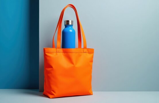 Colorful tote bag with a blue water bottle on a plain background