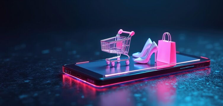 Smartphone displays shopping cart high heels and shopping bag. Online store or e-commerce concept. 3D render of mobile phone shopping with neon light.