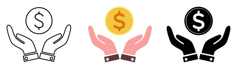 Flat icon set of two hand holding coin. 2 hand holding us dollar showing wealth and security. Money in palm vector illustration for investment symbol, funding, savings( Line, coloured and silhouette )