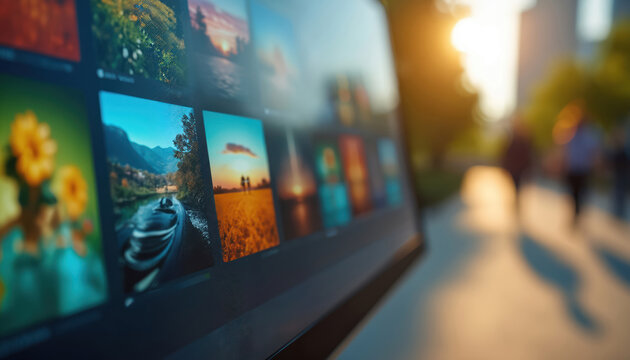 Digital screen displays many colorful images. Photo gallery shows varied landscapes, nature scenes, sunsets, people. Device outdoors, reflecting bright sunlight on surface. Blurred people walk in