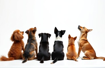 Group of different dog breeds sit on white background. Various canines seen from behind. Dogs looking up. Studio shot of pets. Animal concept.