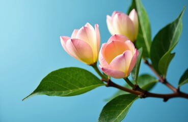 Pink tulips with green leaves against a blue background creating a fresh floral composition