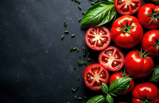 Juicy red tomatoes with green basil leaves on dark background - Powered by Adobe