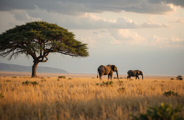 Majestic elephants grazing near a large acacia tree in an open savannah landscape