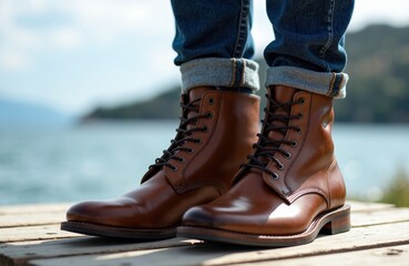 Close-up of brown leather boots worn with rolled-up jeans on wooden dock against lake and mountain background