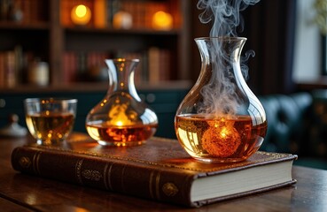 Aromatic herbal infusions steaming in glass flasks on a wooden table in a cozy setting