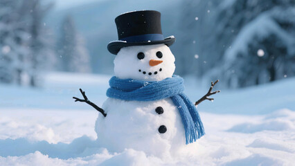 A charming snowman wearing a top hat and blue scarf stands in a snowy landscape with falling snow. Perfect for winter holiday themes, seasonal greetings, or festive backgrounds.