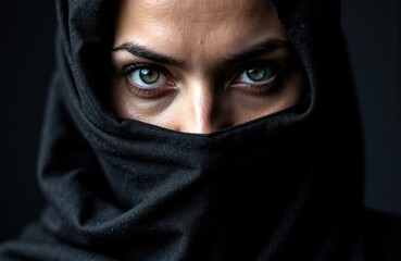 Naklejka premium Woman with piercing blue eyes wearing a black face covering creates a mysterious and intense atmosphere