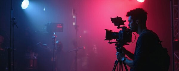 Man operates video camera on stage with red and blue lights. He films performance with large video equipment. Crew works in background with lighting and sound gear in studio.