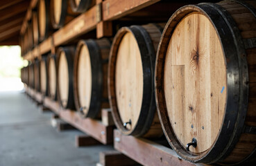 Wooden barrels lined up on a storage rack in a winery or brewery setting