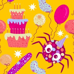 Birthday party seamless spider pattern for wrapping paper and fabrics and linens and kids clothes print