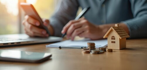 Person plans budget with smartphone, laptop. Coins stack near house. Mortgage, real estate investment analysis, home budget. Finance management on phone. Economic strategy, property purchase, future