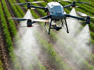 Agricultural drone sprays fine mist over green row crops in a field, showcasing smart farming technology.