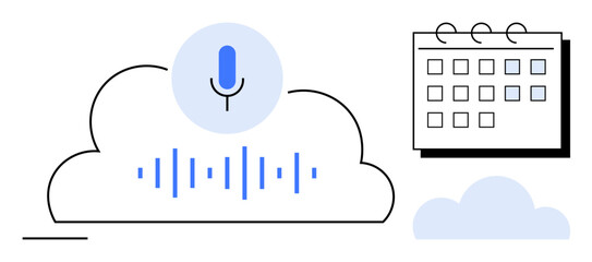 Cloud with microphone, sound waves, and calendar elements showcasing voice recording, data storage, and task organization. Ideal for productivity, technology, communication, scheduling planning