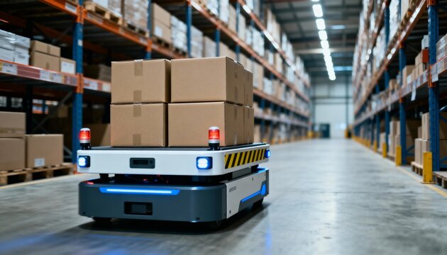 Autonomous mobile robot transports packages down a long aisle in a large, modern distribution warehouse.