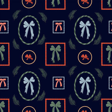 Christmas patchwork seamless pattern on a dark background. Cute holiday framed repeat background. Bow, spruce twig. Geometric elements, borders, frames