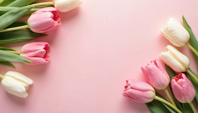 Pink and white tulips on pink background. Tulips arranged in semi circle. Flowers have green leaves. Tulips are pink and white colors. Background is solid pink color.