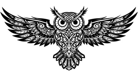Fototapeta premium Tribal owl tattoo design vector illustration flying owl with open wings detailed owl drawing for art