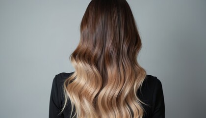 Naklejka premium Back view of young woman with long wavy ombre hair. Female model with balayage hair colouring. Blonde tips on brunette hair. Fashionable hairstyle for beauty and cosmetic trends.