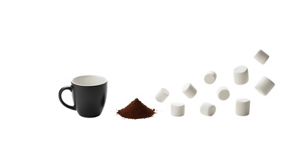 Obraz premium A black ceramic mug with a white interior sits next to a small pile of dark brown cocoa powder, while ten white cylindrical marshmallows float in an arc towards the right