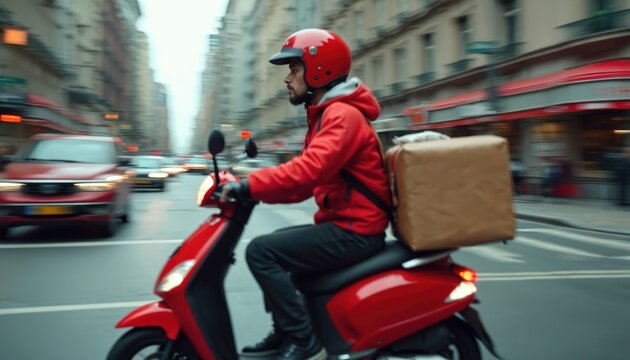 Man in red jacket rides red scooter through city street traffic with package strapped to back. He wears helmet and gloves, driving on urban road with buildings and cars passing by at speed.