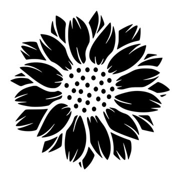 Vector isolated black and white stylized sunflower top view blossom flower seeds petals round stencil for craft, art, painting, scrapbooking