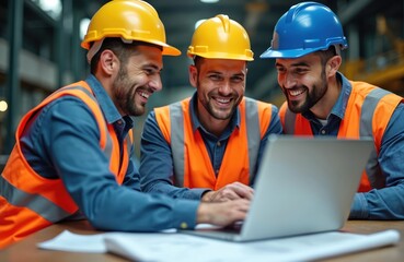Three smiling engineers look at laptop at factory. Men in helmets vests discuss project. Workers work at construction site use portable computer for checking digital blueprint. Business colleagues