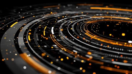 Concentric circles of digital interface display a complex system of interconnected circuits and glowing nodes. - Powered by Adobe