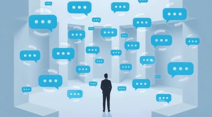Businessman in a futuristic space surrounded by floating message icons. Digital communication and social media network animation. Information overload and online chat concept - Powered by Adobe