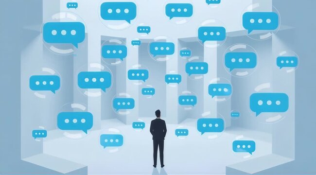 Businessman in a futuristic space surrounded by floating message icons. Digital communication and social media network animation. Information overload and online chat concept