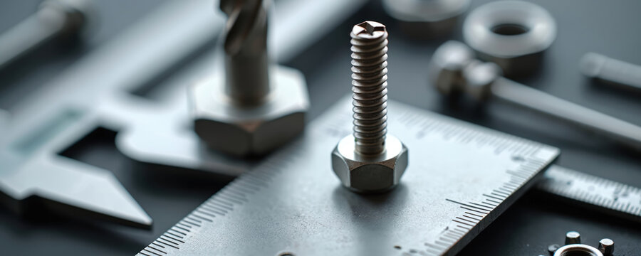 Hex bolt screw on metal steel plate with ruler, caliper. Various tools, hardware parts around. Measuring, tightening equipment on workbench. Precision engineering, metalwork. Industrial workspace