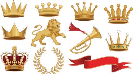 Royal symbol collection, ornate crowns, golden lion, laurel wreath, trumpet, ribbon banner, heraldic elements, regal vector icon set © Shihab Creative
