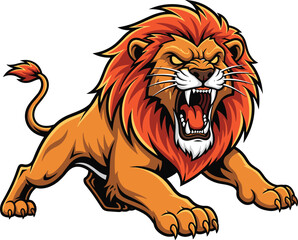Aggressive cartoon lion, crouching predator pose, roaring expression, vibrant mane, stylized animal vector, mascot design, bold wildlife art