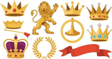 Royal symbols collection, golden lion, ornate crowns, laurel wreath, ribbon banner, heraldic elements, regal vector icons, noble design set © Shihab Creative