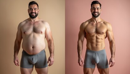Man shows fitness progress after weight loss. Body transformation comparison from overweight to muscular physique. Healthy lifestyle change before and after.