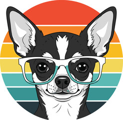 Stylized Chihuahua dog, cartoon pet with glasses, retro striped background, black and white fur, cute animal character vector art
