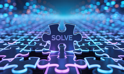 Illuminated Jigsaw Puzzle Piece with the Word 'solve' Set Against a Blue Bokeh Background, Representing Problem Solving