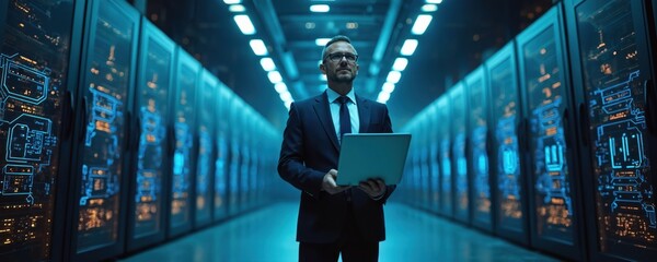 Man in suit holds laptop in data center with server racks. Rows of computer servers line corridor. Tech pro oversees digital infrastructure. Modern data storage facility with blue lighting.