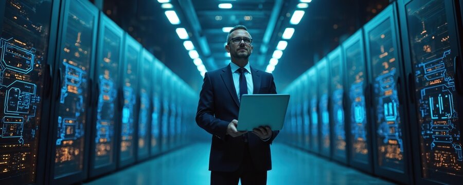 Man in suit holds laptop in data center with server racks. Rows of computer servers line corridor. Tech pro oversees digital infrastructure. Modern data storage facility with blue lighting.