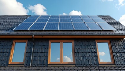 Fototapeta premium Solar panels installed on a house roof generate eco friendly energy. Roof windows reflect blue sky with clouds. Clean energy tech for green home.