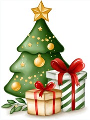 Festive Christmas tree adorned with ornaments and star, surrounded by beautifully wrapped gifts, creating a joyful holiday atmosphere, festive spirit and celebration