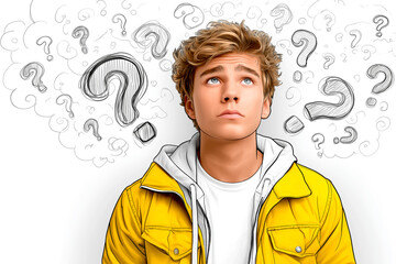 Young man in yellow jacket looking up with thoughtful expression, surrounded by question marks, representing curiosity and contemplation in a creative illustration