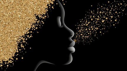 Abstract representation of energy flow, featuring golden particles moving through a human silhouette, symbolizing creativity and dynamic expression
