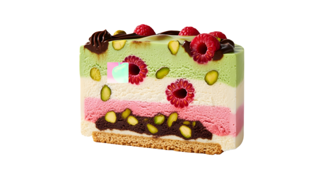 Decadent layered dessert with fresh raspberries and pistachios, a sweet indulgence