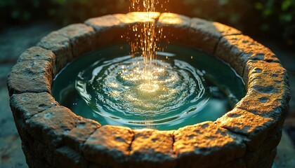 Baptismal font made of stone with clear water. Water is being poured into it creating ripples. Sunlight reflects on water surface. Ritual symbol for spiritual rebirth and baptism.